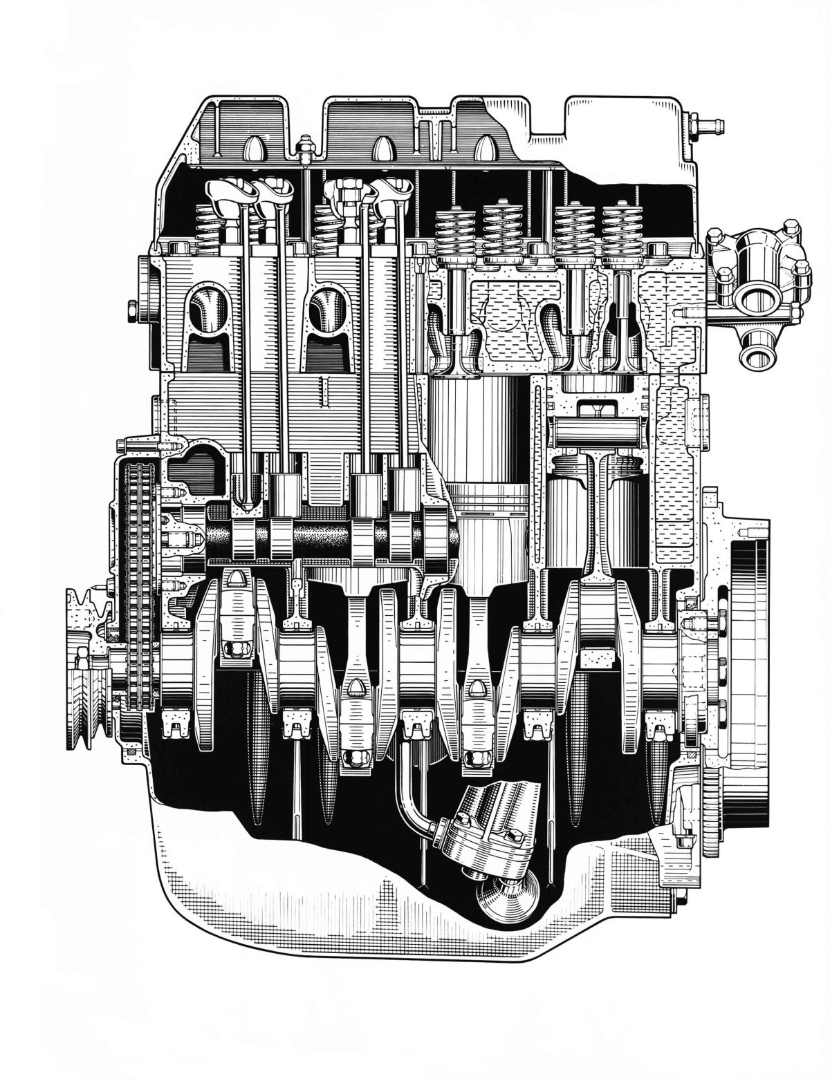 „Mitteldruckmotor“ des ersten Audi, 1965. Die Vierzylinder-Konstruktion geht auf die Mercedes-Benz Entwicklung M 118 zurück. “Medium pressure engine” of the first Audi, 1965. The four-cylinder design was based on development of the Mercedes-Benz M 118.