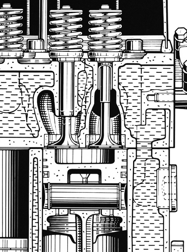 „Mitteldruckmotor“ des ersten Audi, 1965. Die Vierzylinder-Konstruktion geht auf die Mercedes-Benz Entwicklung M 118 zurück. “Medium pressure engine” of the first Audi, 1965. The four-cylinder design was based on development of the Mercedes-Benz M 118.